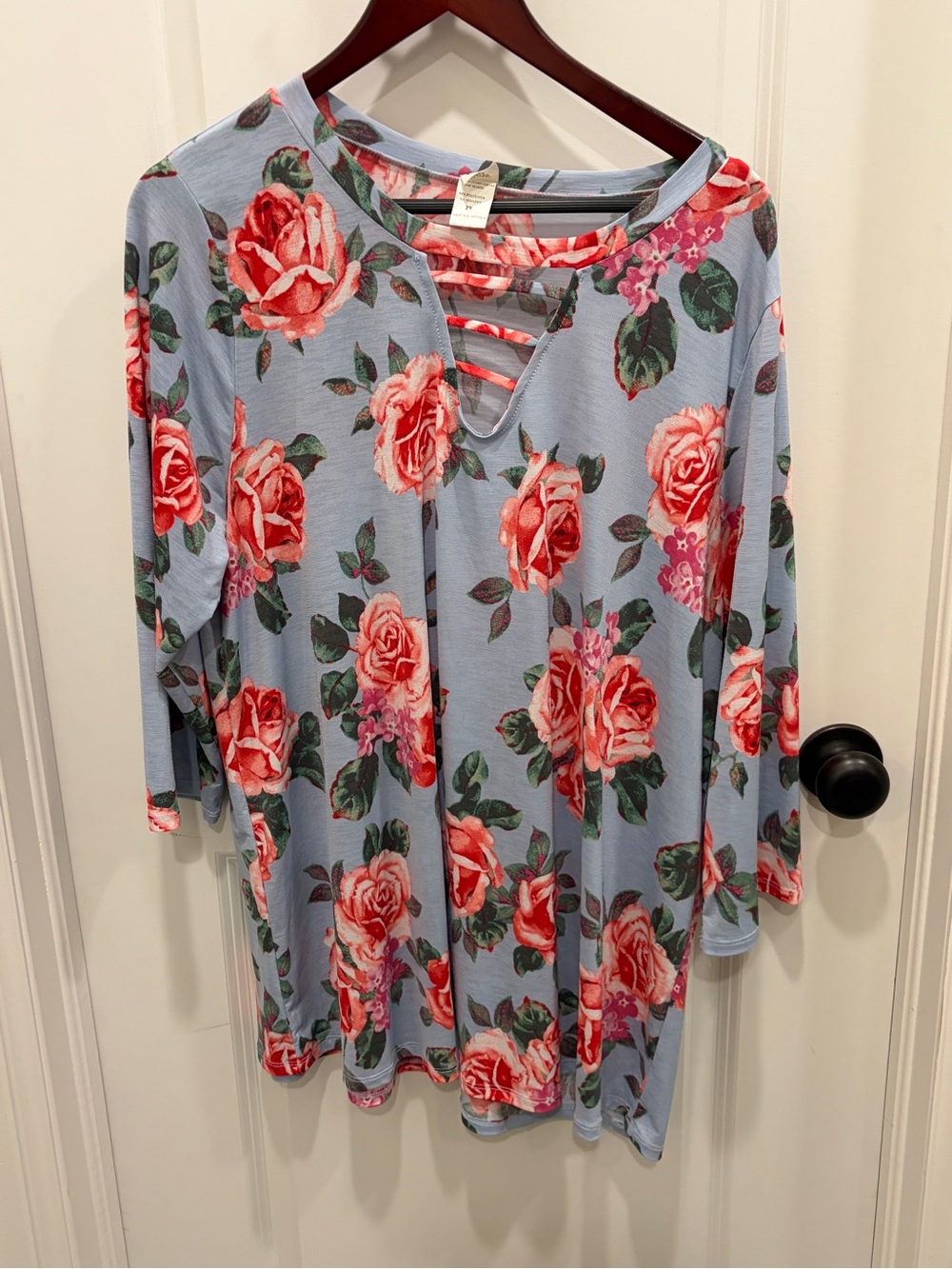 Sew In Love Lace-Up V-Neck Floral Tunic - Light Blue with Pink Roses